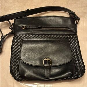 Stylish Black Leather Crossbody with Woven Design adjustable strap